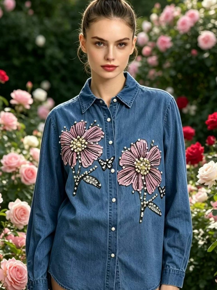 Damskie dżinsowe bluzki z haft – Embroidery Cotton Shirt recenzja i cena