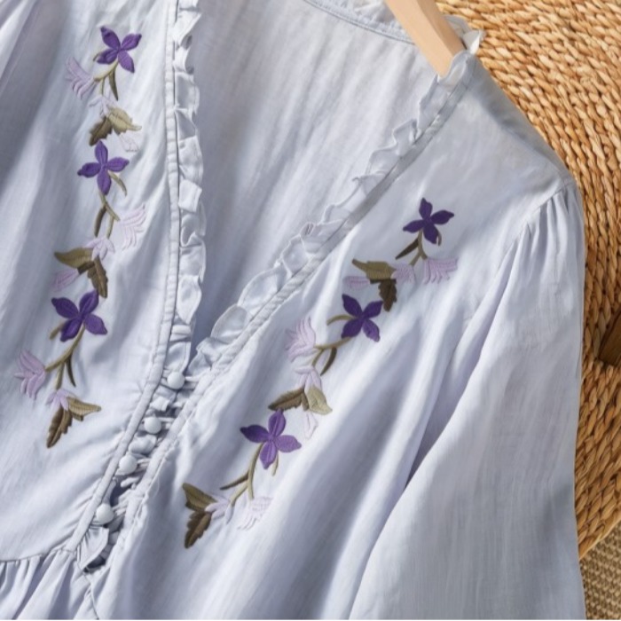 Elegancka, fioletowa koszula z – Embroidery Cotton Shirt recenzja i cena